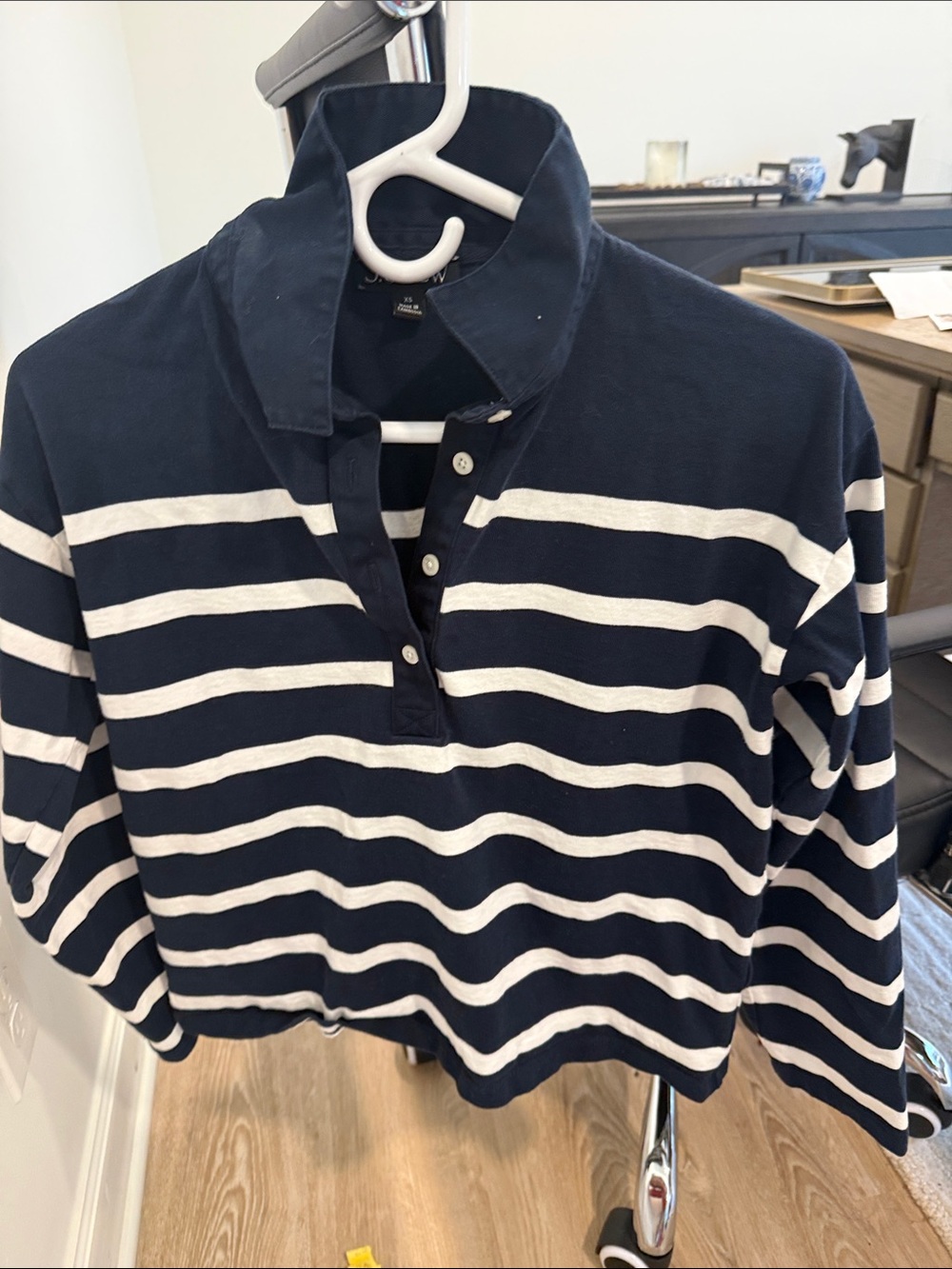 J. Crew Women's Navy and White Striped V-Neck Rugby Top